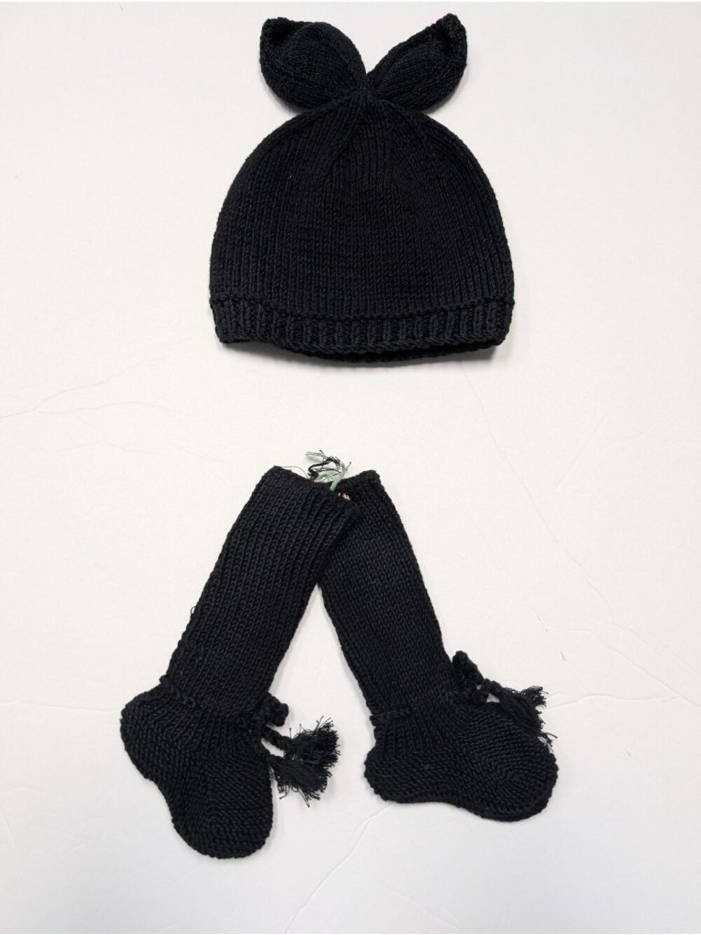 Kate Quinn Organic Cotton WLFA Black Bunny Ear Hat & Tall Booties Sweater Knit